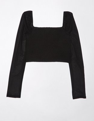 AE Cropped Ruched Mesh-Sleeve Blouse
