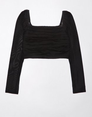 AE Cropped Ruched Mesh-Sleeve Blouse