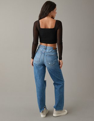 AE Cropped Ruched Mesh-Sleeve Blouse