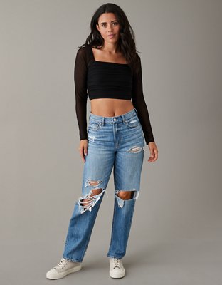 AE Cropped Ruched Mesh-Sleeve Blouse