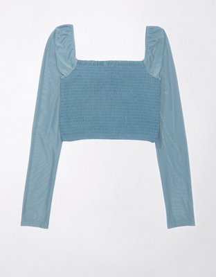 AE Cropped Ruched Mesh-Sleeve Blouse