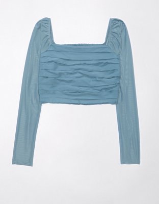 AE Cropped Ruched Mesh-Sleeve Blouse