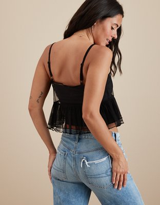 AEO American Eagle Lace Crop Top Tiered Layered Cami Black S Small Women.