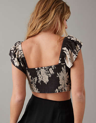 AE Cropped Twist-Front Flutter-Sleeve Top
