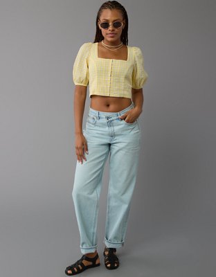 AE Square-Neck Corset Linen-Blend Top