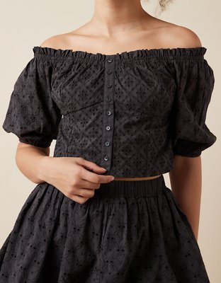 AE Off-The-Shoulder Puff-Sleeve Eyelet Top