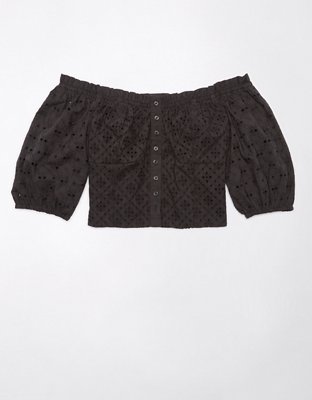 Женские топы American Eagle AE Off-The-Shoulder Puff-Sleeve Eyelet Top — фото 2