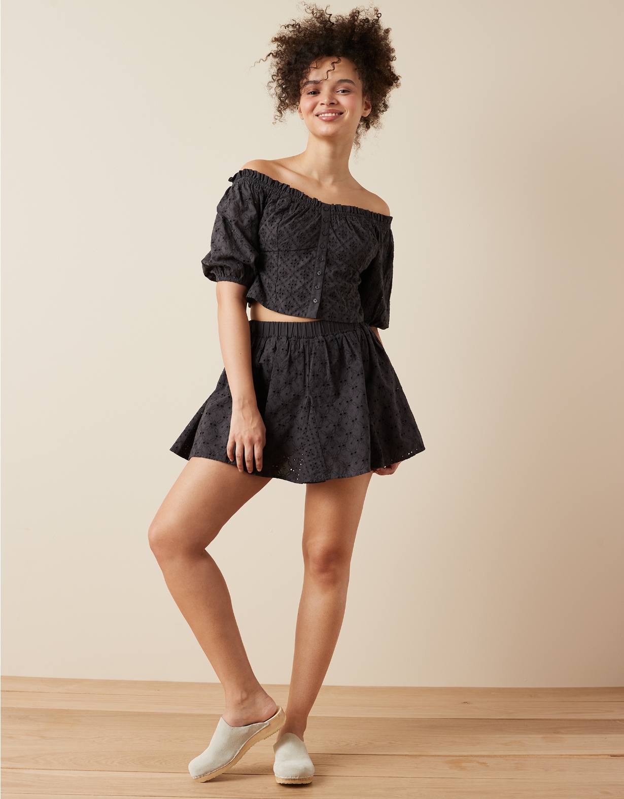 AE Off-The-Shoulder Puff-Sleeve Eyelet Top
