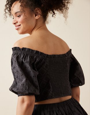 AE Off-The-Shoulder Puff-Sleeve Eyelet Top