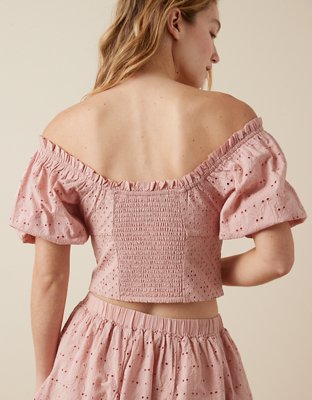 AE Off-The-Shoulder Puff-Sleeve Eyelet Top