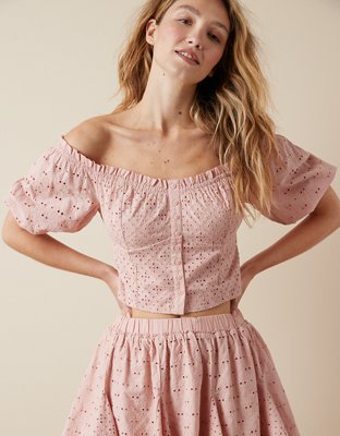 AE Off-The-Shoulder Puff-Sleeve Eyelet Top