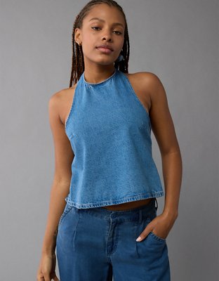 【usagi】HALTER HIGH NECK CAMISOLE TOPS AE High Neck Denim Halter Top | American Eagle
