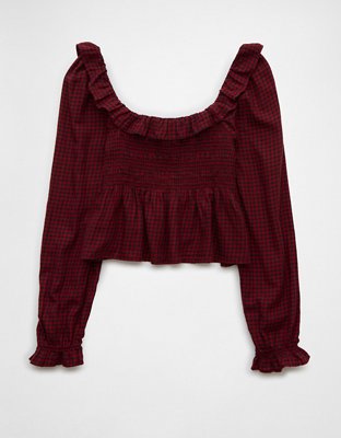 AE Long-Sleeve Smocked Ruffle Plaid Top