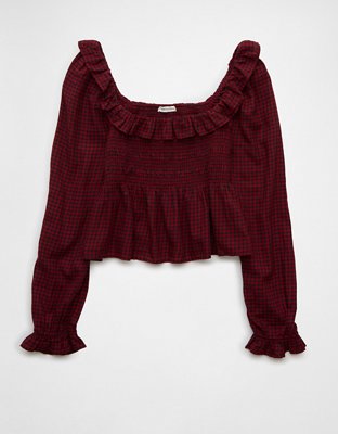 AE Long-Sleeve Smocked Ruffle Plaid Top