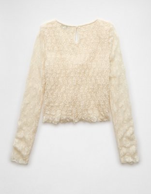 AE Long-Sleeve Lace Smocked Shirt