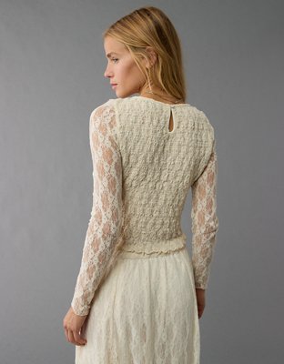 AE Long-Sleeve Lace Smocked Shirt