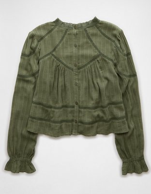 AE Long-Sleeve High Neck Lace Babydoll Top