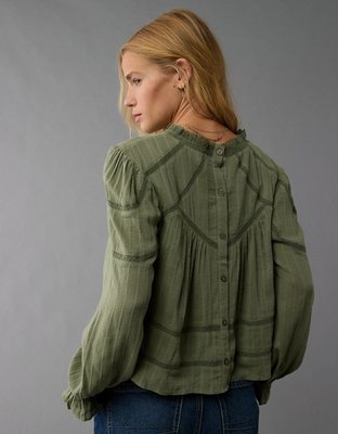 AE Long-Sleeve High Neck Lace Babydoll Top