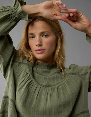 AE Long-Sleeve High Neck Lace Babydoll Top