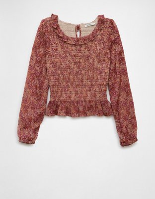 AE Long-Sleeve Smocked Bodice Ruffle Top