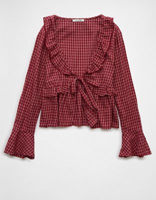 AE Long-Sleeve Ruffle Tie Front Top