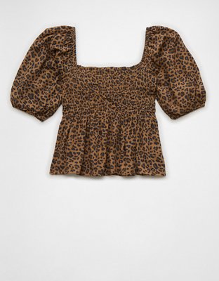 AE Leopard Smocked Puff Sleeve Babydoll Top