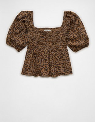 AE Leopard Smocked Puff Sleeve Babydoll Top