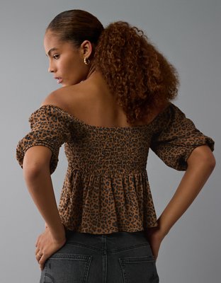 AE Top Babydoll con Bordado con Nido de Abeja y Mangas Abombadas de Leopardo