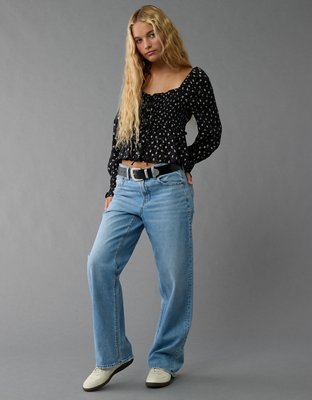 AE Blusa Manga Larga Bordada con Nido de Abeja con Lazo en el Frente