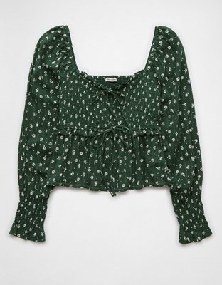 AE Long-Sleeve Smocked Tie Front Blouse
