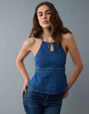 AE Denim High Neck Halter Top
