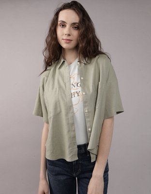 AE Linen-Blend Short-Sleeve Button-Up Shirt