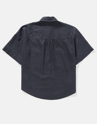 AE Camisa de Mezcla de Lino Manga Corta con Botones