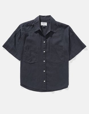AE Camisa de Mezcla de Lino Manga Corta con Botones