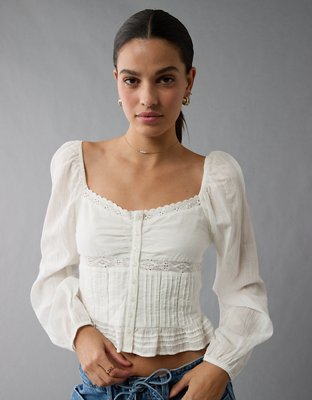 AE Long-Sleeve Smocked Babydoll Blouse