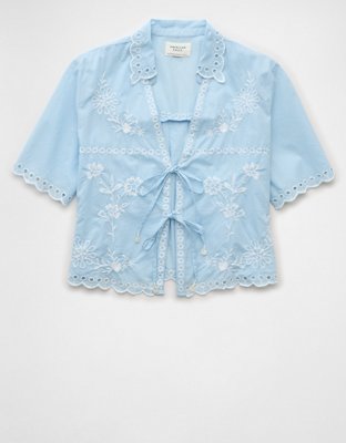 AE Collared Tie Front Embroidered Shirt