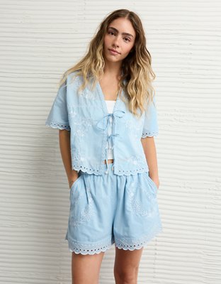 AE Collared Tie Front Embroidered Shirt