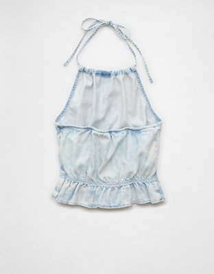 AE Top Halter de Denim con Cuello Alto y Volantes
