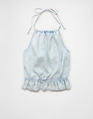 AE Denim High Neck Ruffle Halter Top