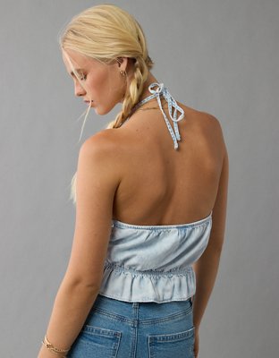 AE Denim High Neck Ruffle Halter Top