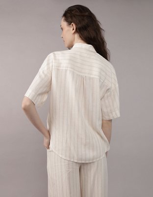 AE Camisa de Mezcla de Lino Manga Corta con Botones