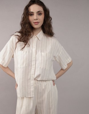 AE Camisa de Mezcla de Lino Manga Corta con Botones