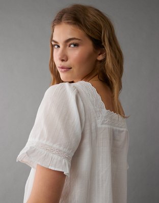 AE Square-Neck Lace Button-Up Shirt