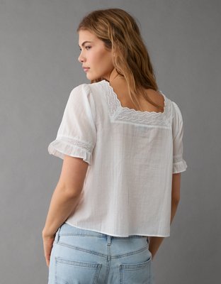 AE Square-Neck Lace Button-Up Shirt