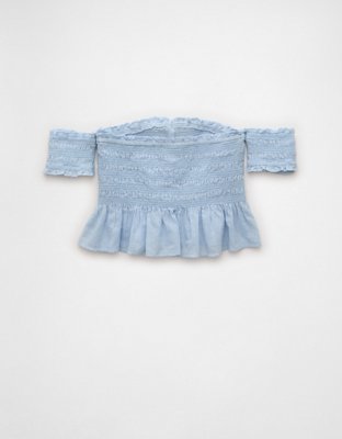 AE Off The Shoulder Smocked Tie Front Crop Top