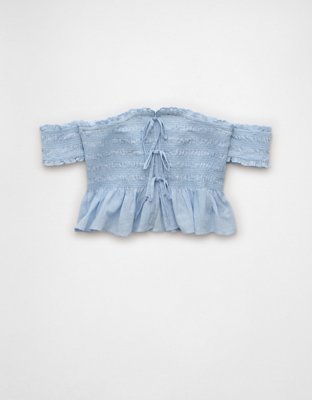 AE Off The Shoulder Smocked Tie Front Crop Top
