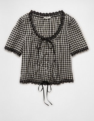 AE Short-Sleeve Gingham Button-Up Blouse