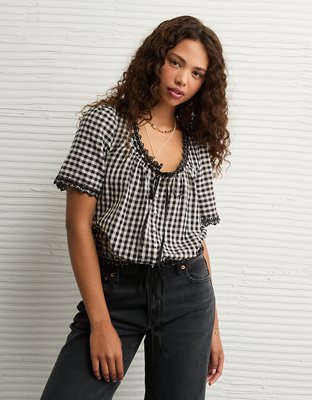 AE Short-Sleeve Gingham Button-Up Blouse