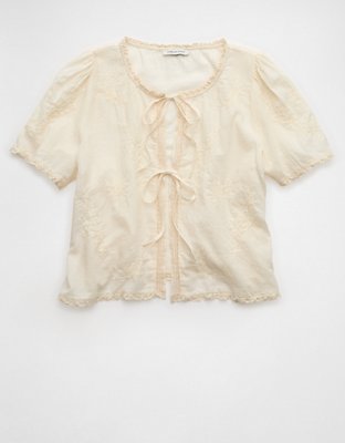 AE Short-Sleeve High Neck Tie Front Shirt