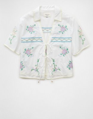 AE Collared Tie Front Embroidered Shirt